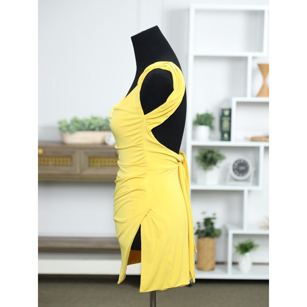 Sunshine Yellow Ruched Bodycon Mini Dress Open Back Knot Detail Y2K Going Out - Picture 6 of 16